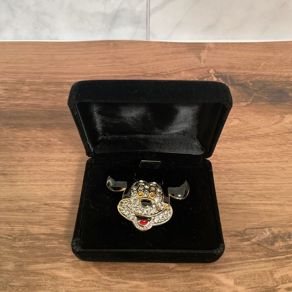 Vintage Disney Mickey Mouse Face Enamel Rhinestone Pin Brooch with case